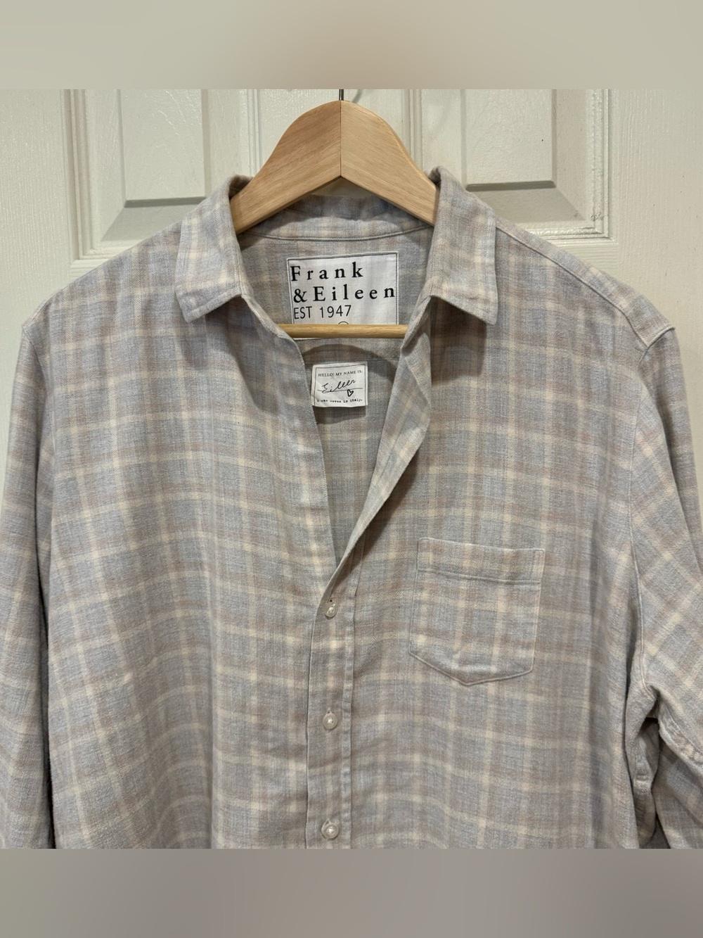NEW Frank & Eileen Eileen Relaxed Button-Up Flannel in Camel Cream Gray Plaid L - Picture 4 of 10